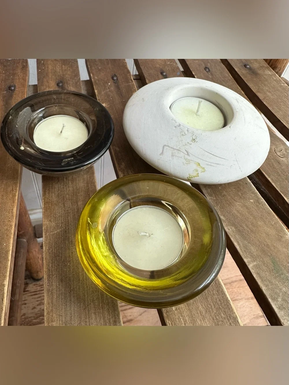 Set of 3 vintage tea light holders • glass and ceramic